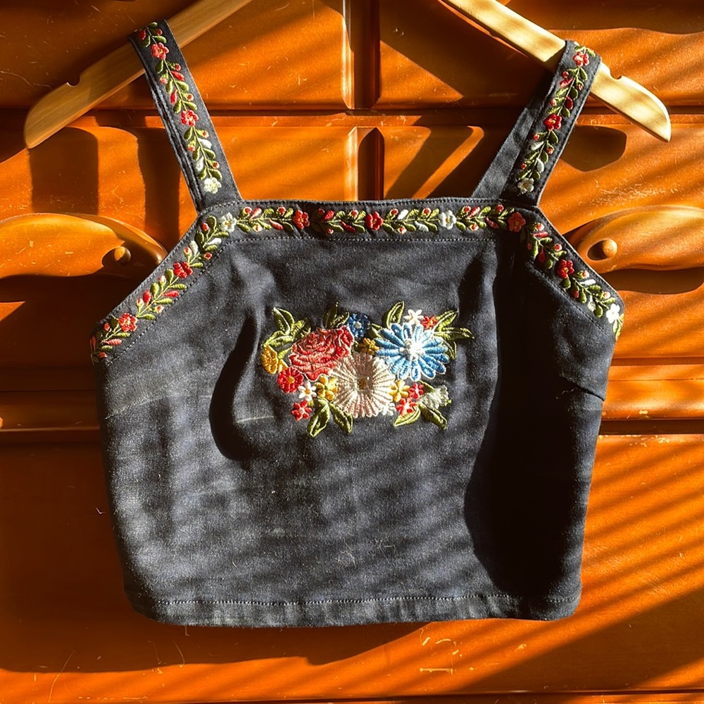 Embroidered floral denim corset top / crop top / tank top.